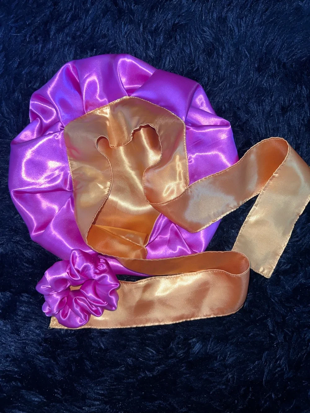Satin Reversible Hair Bonnet & Scrunchie Set - Gold with Hot Pink